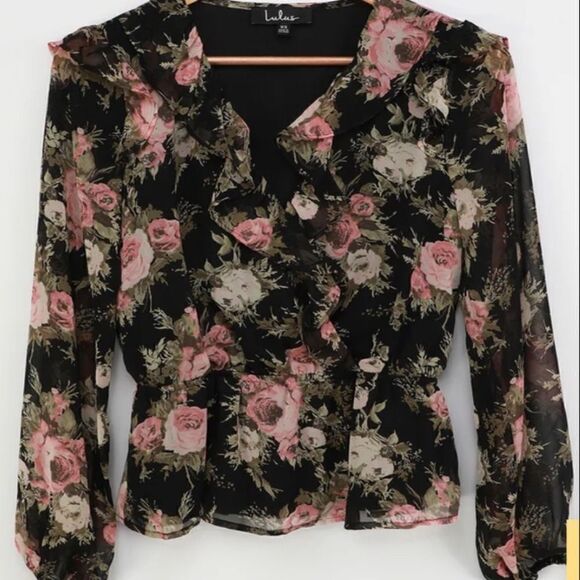 Lulu's Black Floral Ruffled Long Sleeve Top - Picture 6 of 16